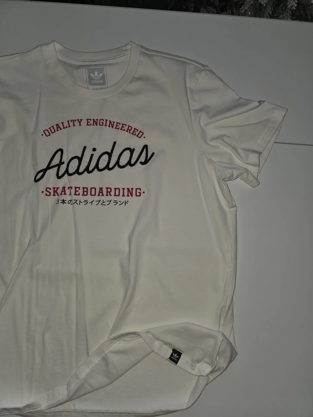 adidas White Short Sleeve Skateboarding Logo Tee with Red and Black Script